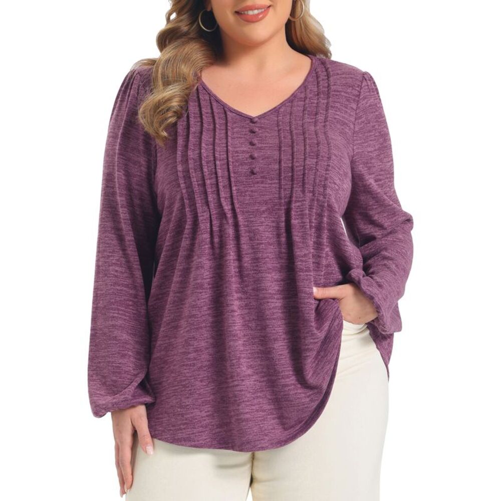 Women Plus Size V Neck Pleated Button Decor Tops Purple